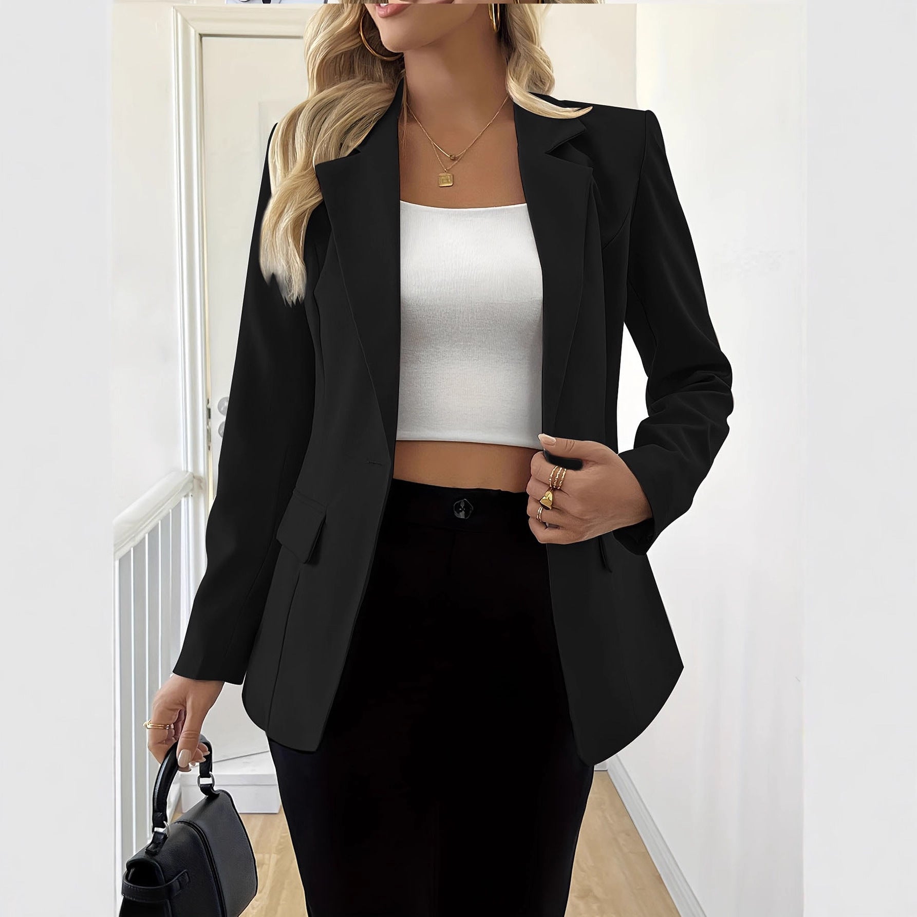 New European And American Womens Clothing Long-sleeve Solid-color Single-button Jacket