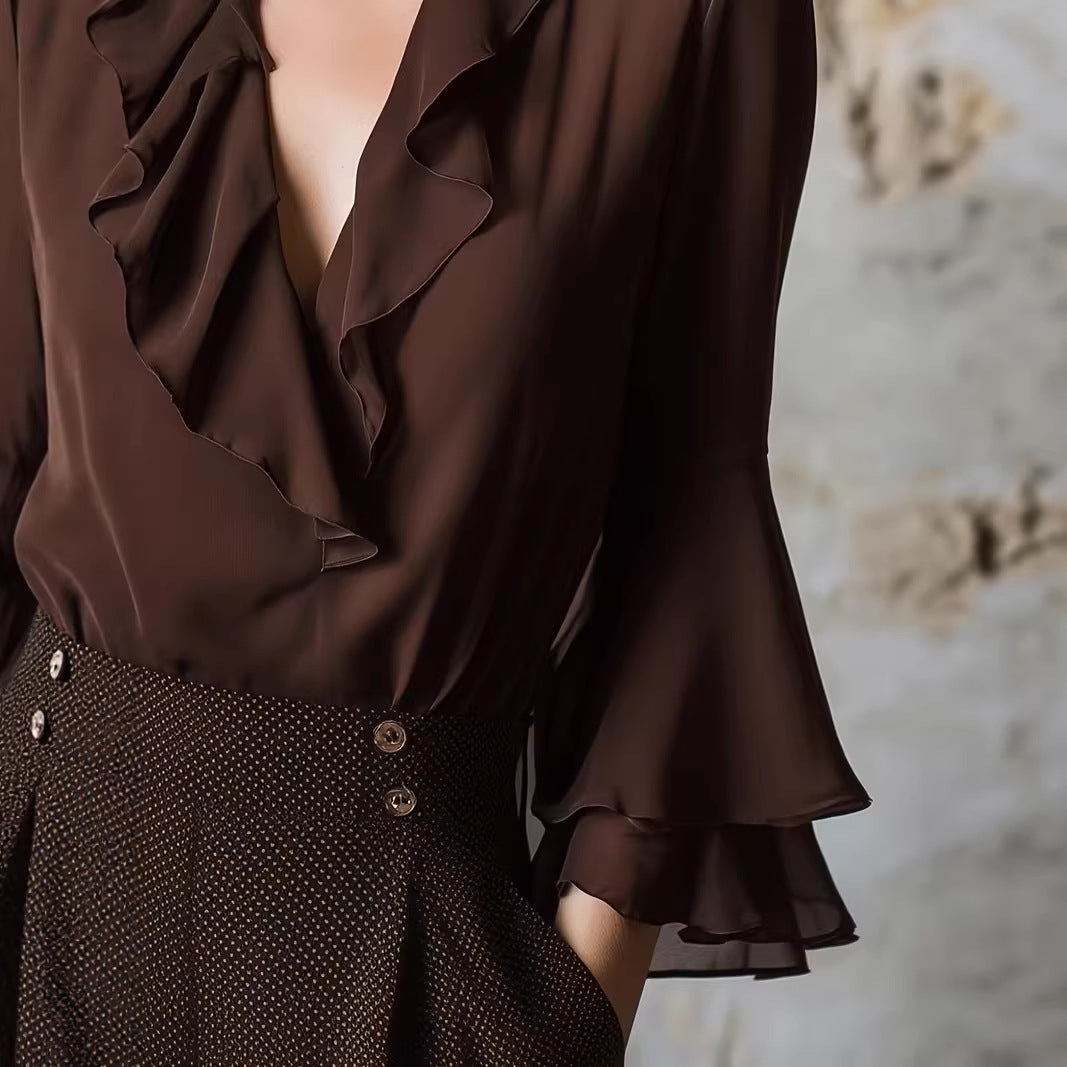 SpringSummer Sweet Ruffle-Trimmed V-Neck Shirt