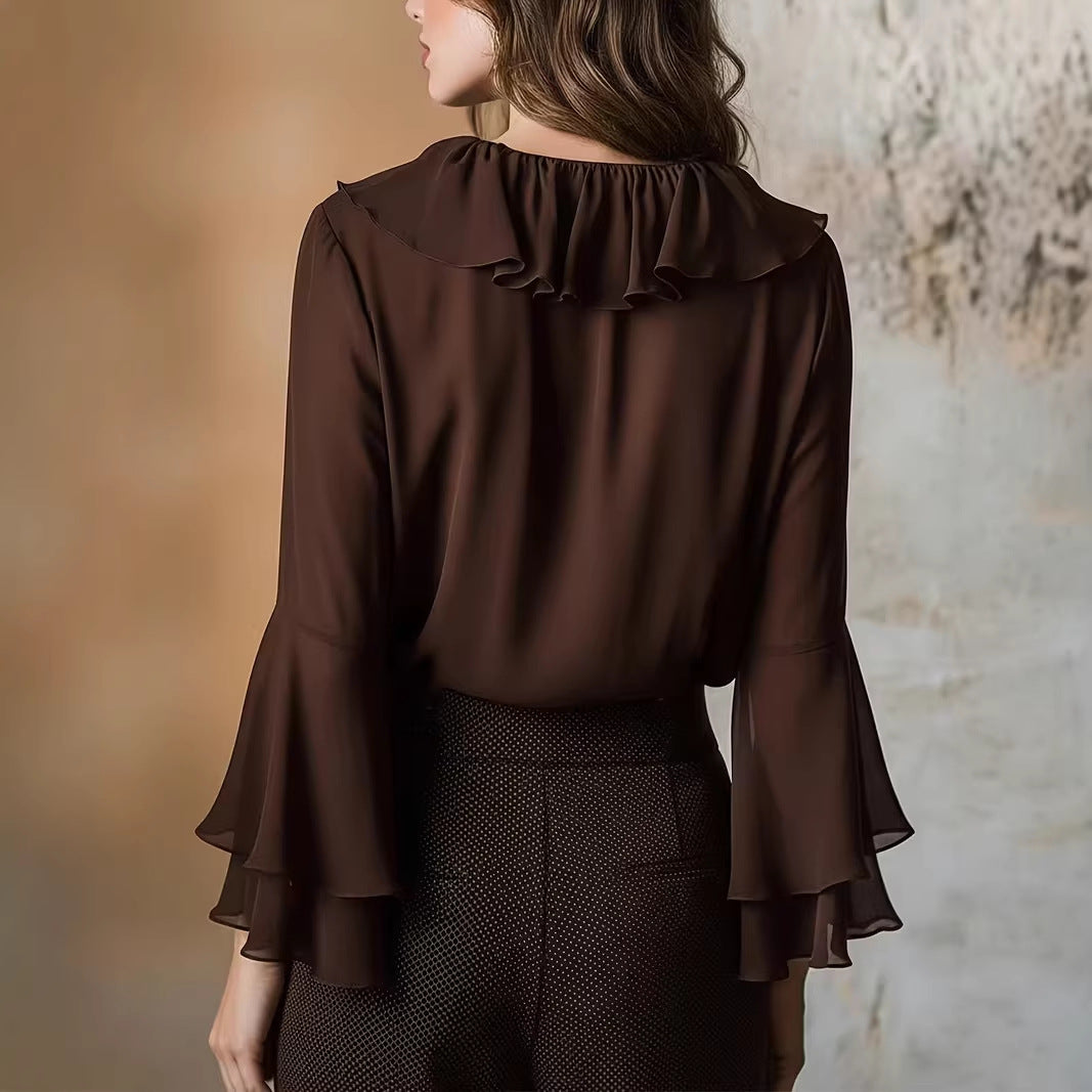 SpringSummer Sweet Ruffle-Trimmed V-Neck Shirt