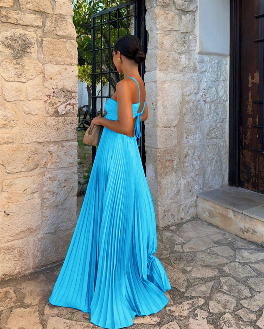 Ins Pleated Sleeveless Sling Dress Hollow High Waist Halter Robe Dresses For Evening Party Club Clothing Women