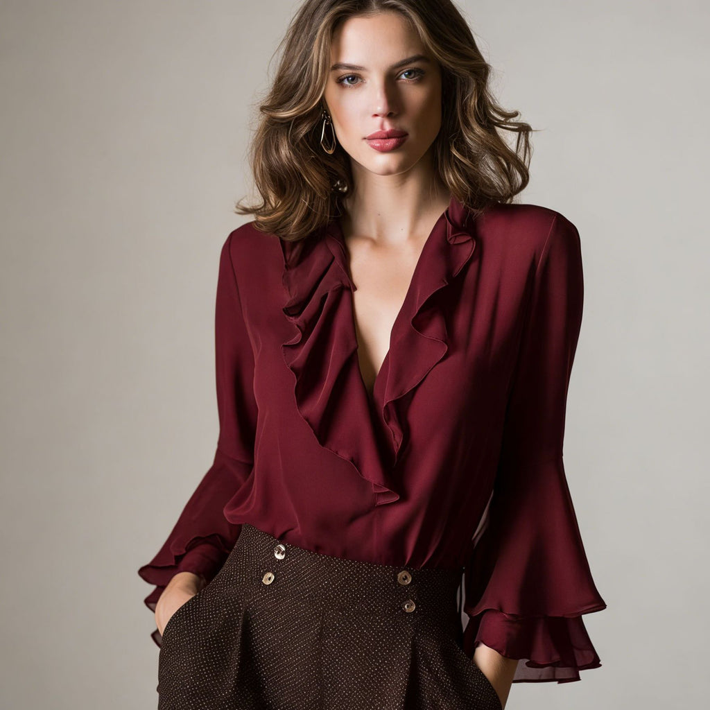 SpringSummer Sweet Ruffle-Trimmed V-Neck Shirt