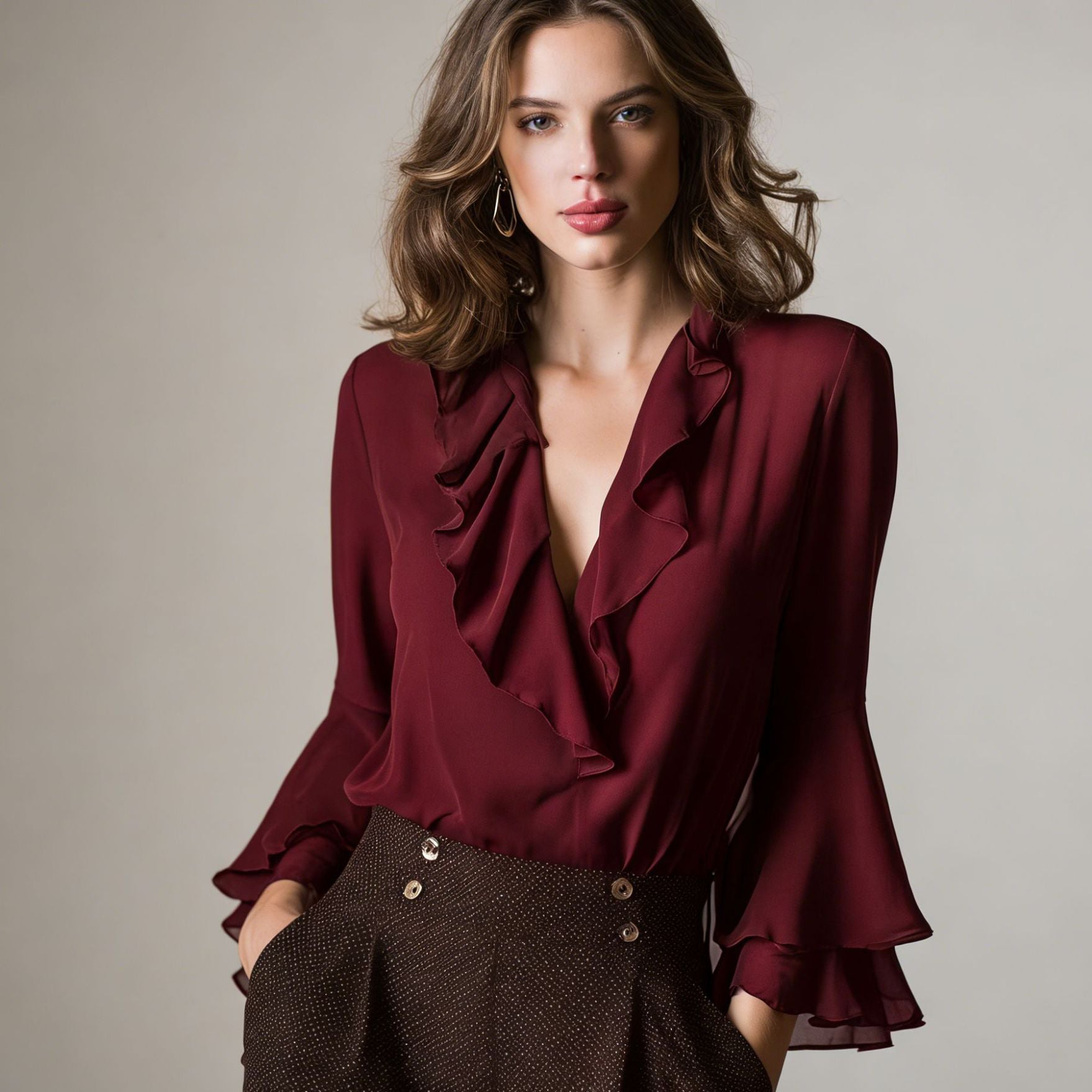 SpringSummer Sweet Ruffle-Trimmed V-Neck Shirt