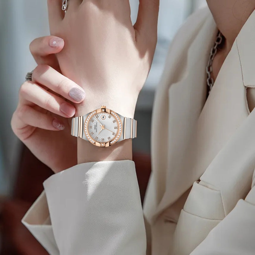 Simple Calendar Diamond Quartz Womens Watch